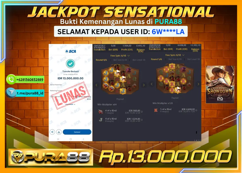 PURA88 JACKPOT WILD BOUNTY SHOWDOWN Rp 13.000.000,- LUNAS